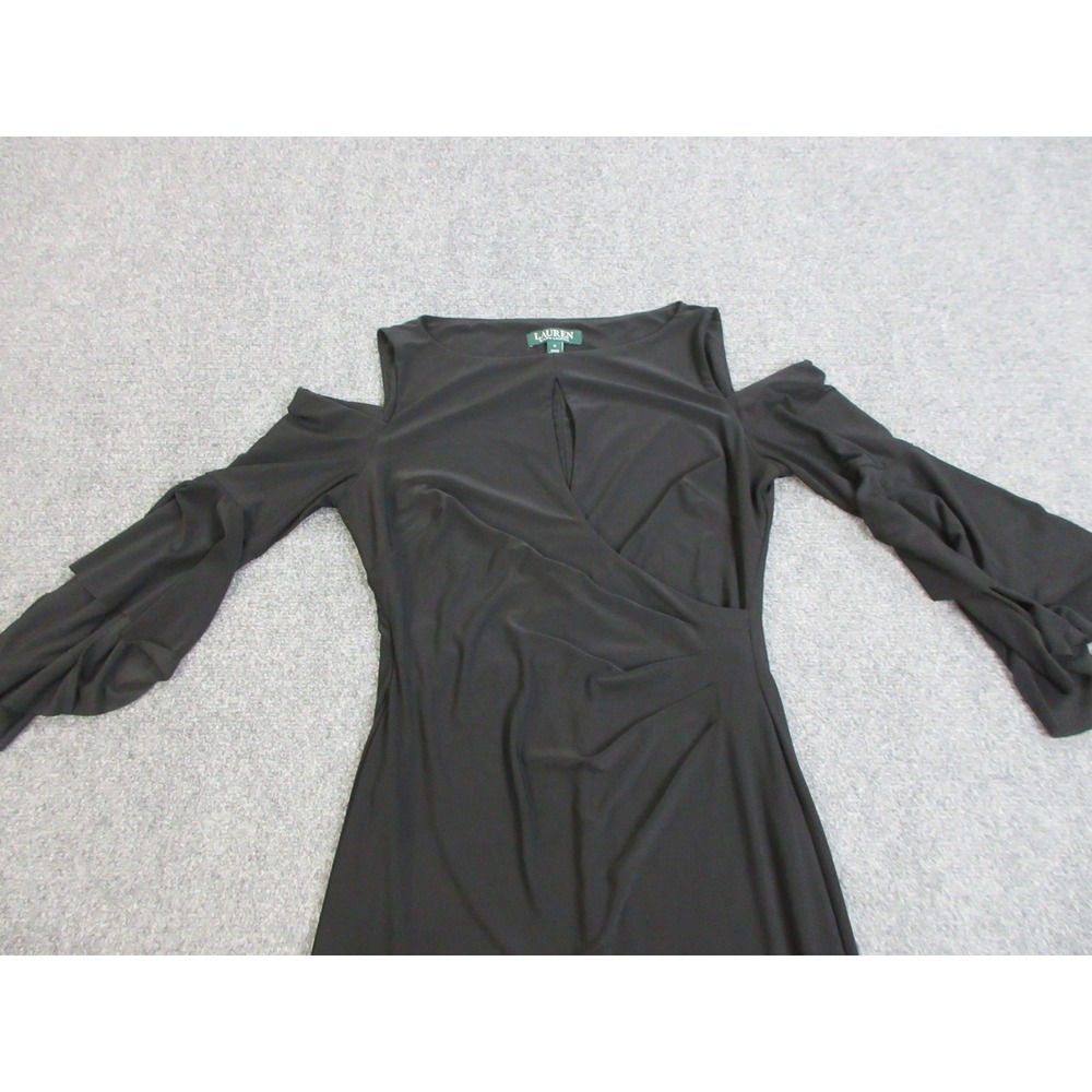 Lauren Ralph Lauren Dress Womens 4 Black Cold Shoulder Ruffle Sleeve Sheath LBD‎ - Picture 3 of 14